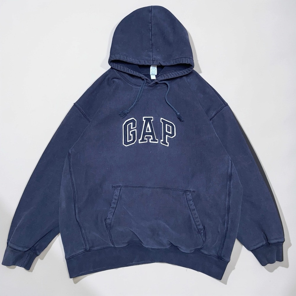 GAP Hoodie Men's XXL Navy Blue Logo Pullover Sweatshirt Distressed Faded